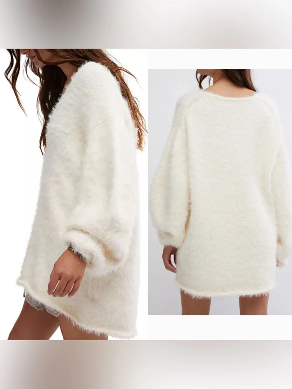 Free People Sparrow Oversized Ivory V-Neck Pullover Fluffy / Fuzzy Sweater